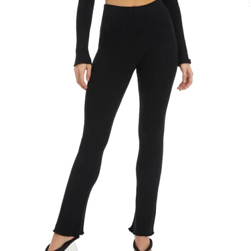 NEW Good American Women's Black Rib Knit Stretch Pants Baby Flare size 5/6